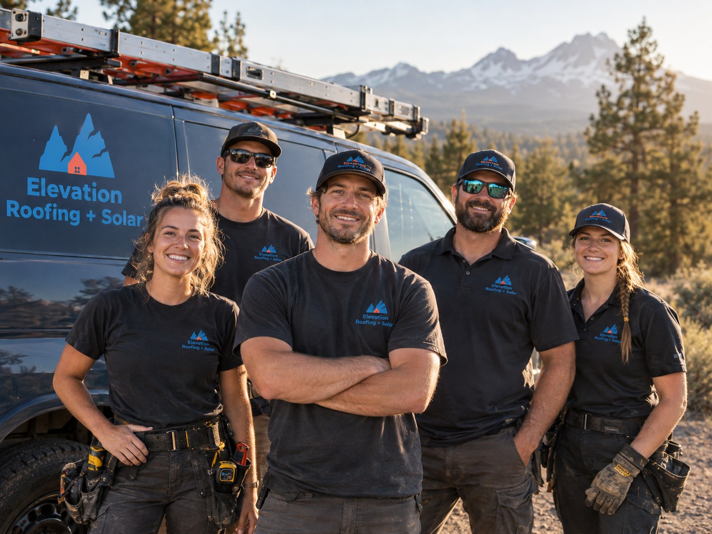 Elevation Roofing & Solar crew in front of the shop